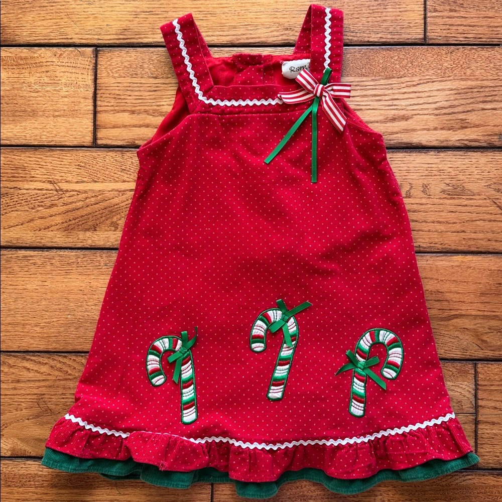 Rare Too Vintage Christmas Holiday Red Green Corduroy Polka Dot Jumper Dress 4T